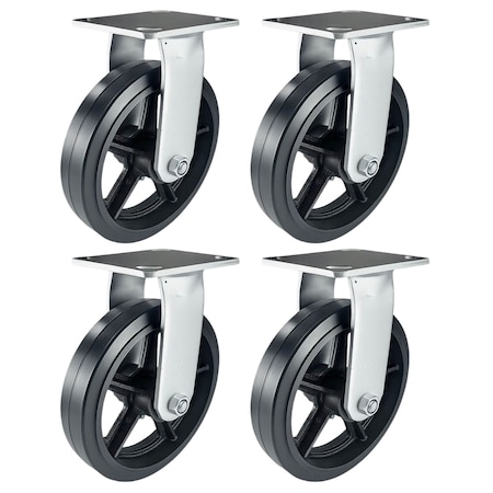 Hyw Products Heavy Duty Caster Set 8in Rubber on Cast Iron Wheels, 4 Rigid, 4PK 40-80R-A1-RC-4
