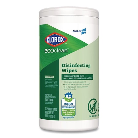 Clorox CloroxPro EcoClean Disinfecting Wipes, 1-Ply, 8 x 7, Unscented, White, 75 Count 60605