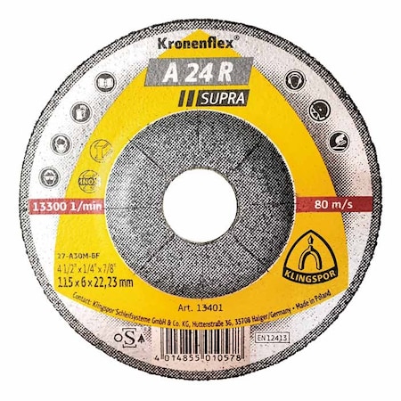 Klingspor A24R Supra Grinding Disc 4-1/2 x 1/4 x 7/8 T27, 10PK A24R1156.022D