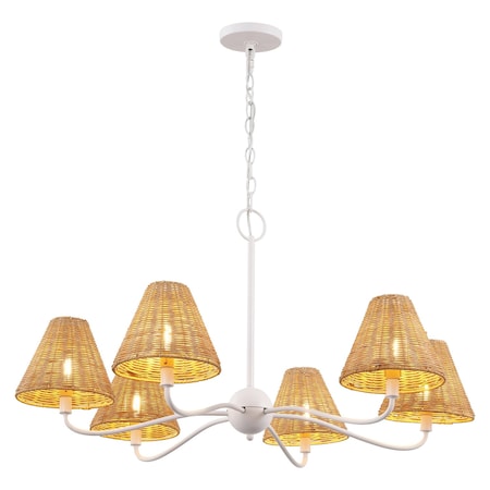 Jonathan Y Grady 35" 6-Light Grand Coastal Farmhouse Adjustable Swooping Arm Metal w/Hand-Woven Rattan Shades L JYL9560A