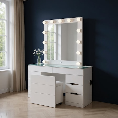 Homeroots 62" White Wood And Glass Six Drawer Vanity Table With Mirror Seating And Lights 643653