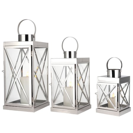Homeroots Set of Three Clear And Silver Glass And Stainless Steel Tabletop Lantern Candle Holders, 3PK 719764