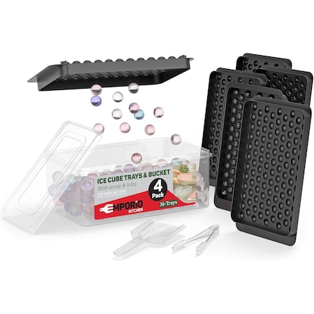 Emporio Kitchen Round Ice Cube Tray Set Pack of 4, BPA-Free, 33 Ice Balls per Tray, Lid & Tongs, Black EMPICES34BK