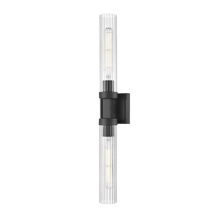 Z-Lite Beau 2 Light Wall Sconce, Matte Black/Clear Ribbed, 4.5 In W 740-2W-MB