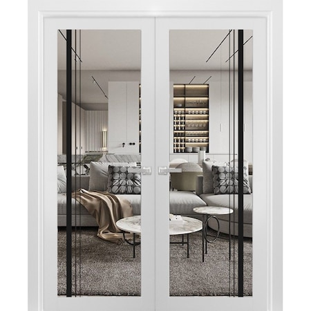 Sartodoors Solid French Double Doors Clear Glass, Lucia 2566 White Silk and Aluminum Strips, Wood Solid Panel LUCIA2566DD-WS-84 x 80 (2* 42x80)
