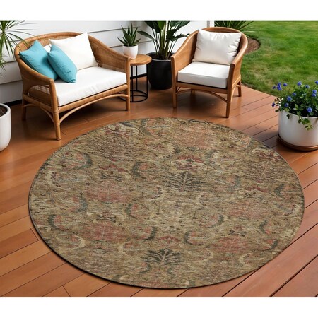 Homeroots 8' Brown Charcoal And Brick Red Round Damask Washable Indoor Outdoor Area Rug 603307