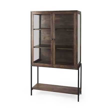 Homeroots 36in Brown and Black Solid Wood and Metal Display Cabinet With Two Doors 611035