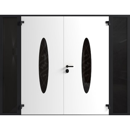 Vdomdoors Front Exterior Prehung Aluminum Double Doors Ronex1277 Black Enamel 2 Sidelights Mirrored Clear RONEX1277DEXD-BLK-W12+72+12xH80-RH-O