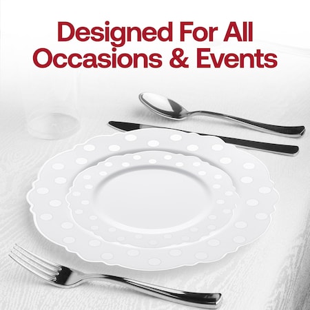 Smarty Had A Party White w/Silver Dots Round Blossom Plastic Dinnerware Set (120 Dinner Plates+120 Salad Plates), 240PK 980-S-VP-CASE