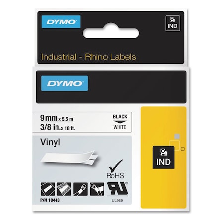 Dymo Rhino Permanent Vinyl Industrial Label Tape, 0.37x18 ft, Wht/Blk Print 18443