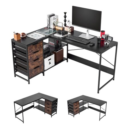 Vevor L-Shaped Computer Desk 59-inch Reversible Gaming Desk 4 Woodern Drawers DX0202-C250335D-01