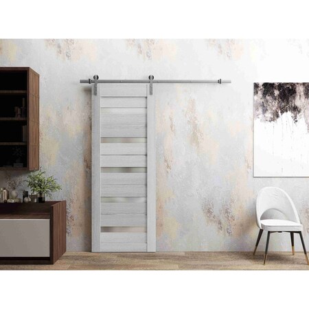 Sartodoors Sturdy Barn Door 18 x 80in, Light Grey Oak W/ Frosted Glass, SS 6.6FT Rail Hangers Heavy Set QUADRO4445BD-S-OAK-18