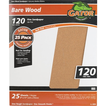 Gator Blade Bare Wood 9''x11'' 120 Grit Fine Sandpaper, 25PK 4226