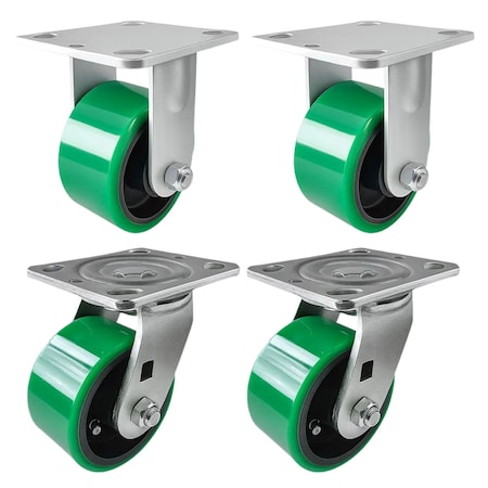 Hyw Products Heavy Duty Caster Set 4in Green Polyurethane on Cast Iron Wheels, 2 Rigid & 2 Swivel, 4PK 40-40R-A1-PC-2,40-40S-A1-PC-2 (G)