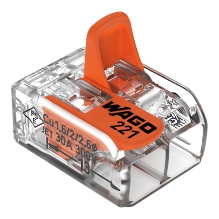 Wago Lever Wire Connector, 10 AWG Max, 2 Port, Transparent, Polycarbonate Insulation, 600 V, 30 A, 50 PK 221-612/K194-4045
