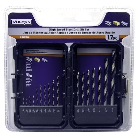 Vulcan Plastic Case Drill Bit Set, 17-Piece, High-Speed Steel, Black Oxide/Polished 871140OR