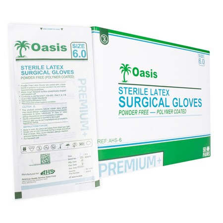 Oasis Sterile Disposable Latex Surgical Gloves, Powder-Free and Sterile, Size 6, 50 pairs per pack AHS-6