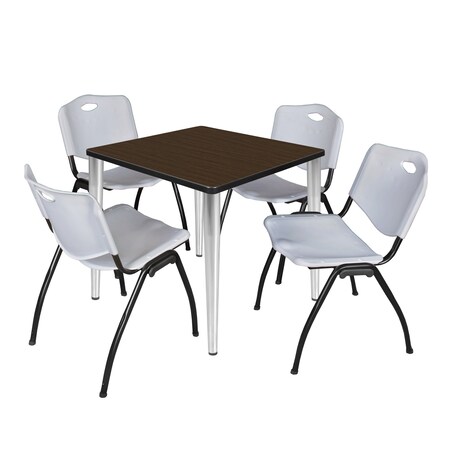 Regency Square Kahlo Breakroom Table W/ 4 M Stack Chairs, 30 in W, 30 in L, Neo Walnut TPL3030NWCM47GY