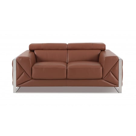 Homeroots 75in Camel And Silver Italian Leather Loveseat 477561