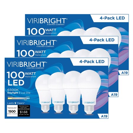 Viribright A19 E26 100W Equivalent 6500K, 12PK 651641-12