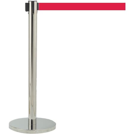 Retractable Belt Barrier, Chrome Finish/Red Belt, 7 ft Length, Chrome