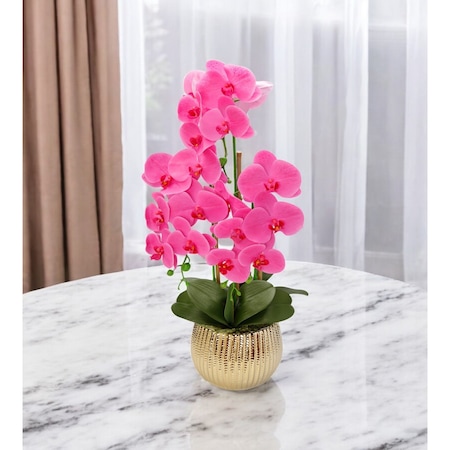 Homeroots 26" Pink Orchid Artificial Plant in a Striped Gold Round Vase 569274