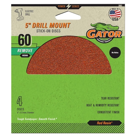 Gator Finishing Red Resin 5 in. Drill Mount Stick-On Sanding Discs, 60 Grit, Coarse, 4PK 3002
