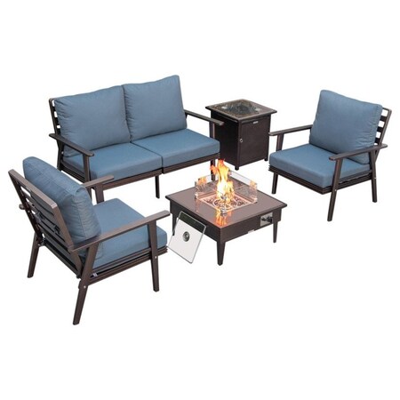 Leisuremod Walbrooke Modern Brown Patio Conversation With Square Fire Pit & Tank Holder, Navy Blue WBR-27-20-57-31-NBU