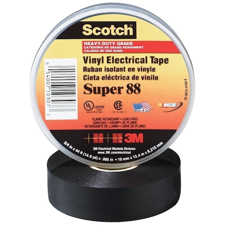 Scotch Electrical Tape, 66 ft L, 3/4 in W, PVC Backing, Black 88