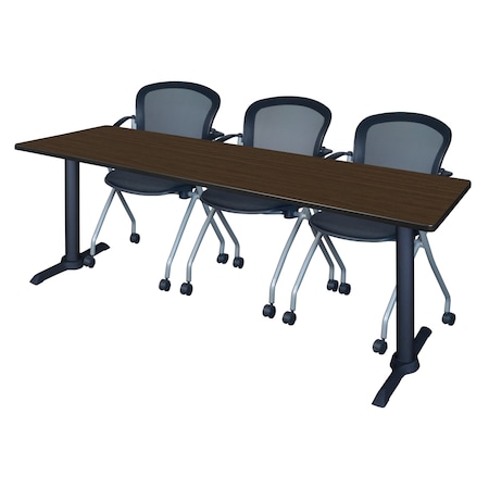 Regency Cain T-Base Training Seminar Table W/ 3 Cadence Stack Chairs, 84 in W, 24 in L, Neo Walnut MTRCT8424NW23BK