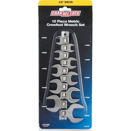 Channellock Metric 3/8'' Drive Crowfoot Wrench Set, 10-Piece 302950