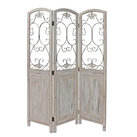 Homeroots 68" Beige Metal And Wood Folding Three Panel Screen Room Divider 415076