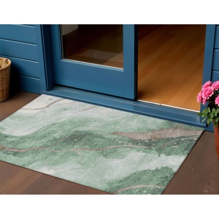 Homeroots 3' X 5' Green And Taupe Abstract Washable Indoor Outdoor Area Rug 611369