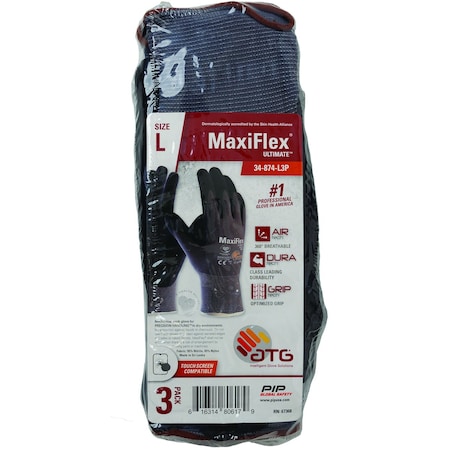 Atg Seamless Knit Nylon/Elastane Glove w/Nitrile Coated MicroFoam Grip on Palm&Fingers, 3-Pair Pack 34-874-XL3P