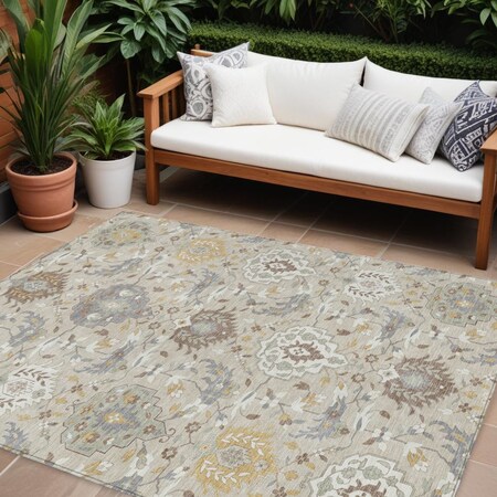 Homeroots 10' X 14' Beige Brown And Green Damask Washable Indoor Outdoor Area Rug 599399