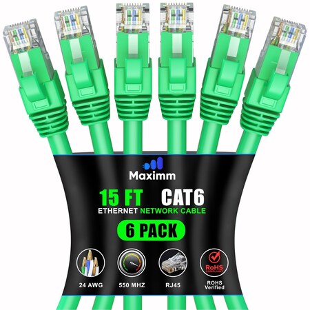 Maximm Cat6 Ethernet Cable 15ft 10Gbps 550MHz UTP, 6PK, Green, 6PK CAT6CCA-15GN-6PK