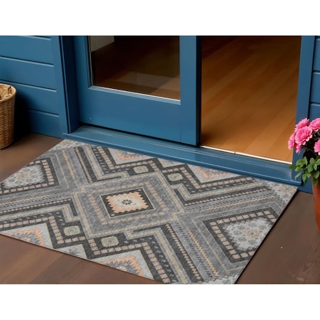 Homeroots 3' X 5' Gray Charcoal And Pink Tribal Washable Indoor Outdoor Area Rug 598124