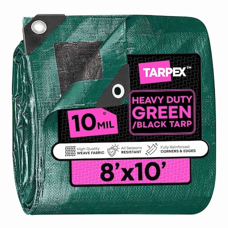 Tarpex Heavy Duty Tarp, 8 ft x 10 ft, 10 Mil, Green/Black, Polyethylene MTGB-TA-810