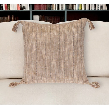 Homeroots 18" Brown and White Striped Cotton Throw Pillow With Tassels 529270