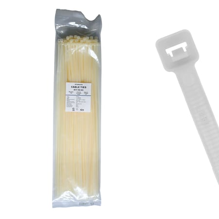 Cable Ties Unlimited Cable Tie, 17 in L, 50 lb Strength, 4.9 in Max Bundle Dia, Nylon 6/6, Natural, 100PK S17-50-9C