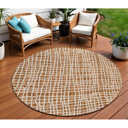 Homeroots 8' Orange Beige And Copper Round Striped Washable Indoor Outdoor Area Rug 583458