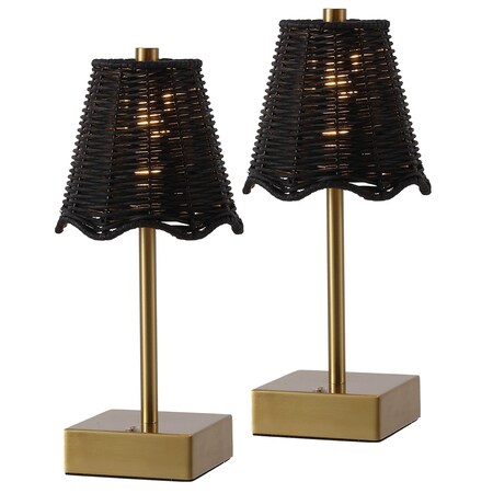 Jonathan Y Willow 11 in. Coastal Bohemian Metal and Rattan Tapered Cordless Rechargeable Integrated Dimmab, 2PK JYL5514C-SET2