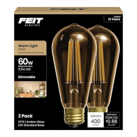 Feit Electric Filament LED Bulb, ST19 Lamp, 60 W Equivalent, E26 Medium Lamp Base, Dimmable, Amber ST19/VG/LED/2