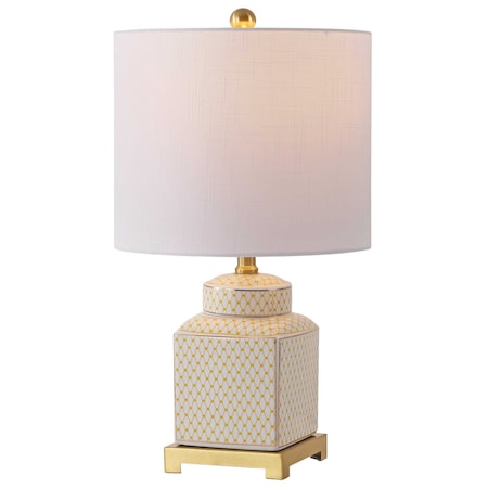 Jonathan Y Cleo 21.5 in. Transitional Glam Square Ginger Jar Ceramic and Metal LED Table Lamp, Yellow/White JYL3043B