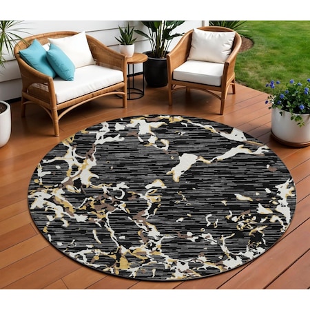 Homeroots 8' Black Ivory And Brown Round Striped Washable Indoor Outdoor Area Rug 600878