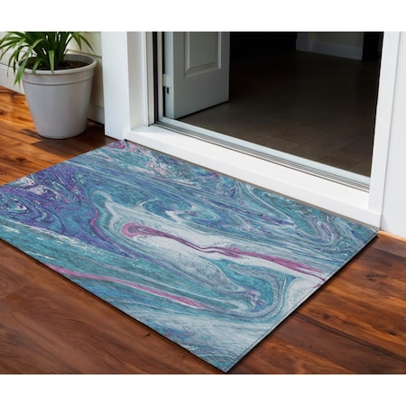 Homeroots 3' X 5' Teal Blue Purple And Pink Abstract Washable Indoor Outdoor Area Rug 602677