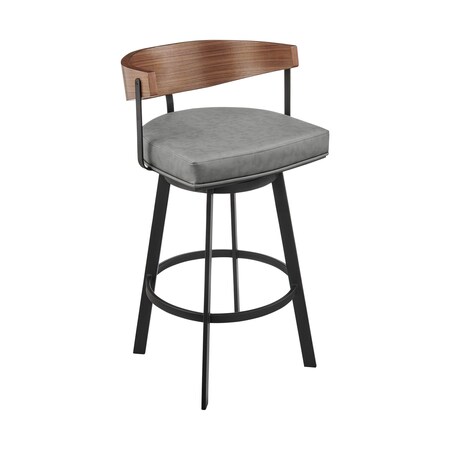 Armen Living Lacey 26in Swivel Counter Stool in Black Iron with Walnut Finish and Vintage Gray Faux Leather LCLABAGRYWA26