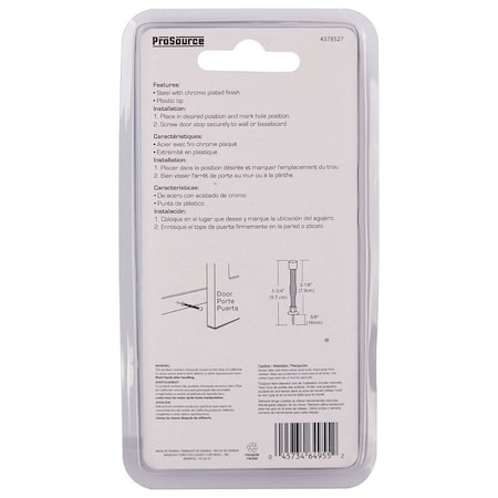 Prosource Light-Duty Door Stop, 3/4 in Dia Base, 3 in Projection, Plastic & Steel, Chrome H61-Z012C-PS