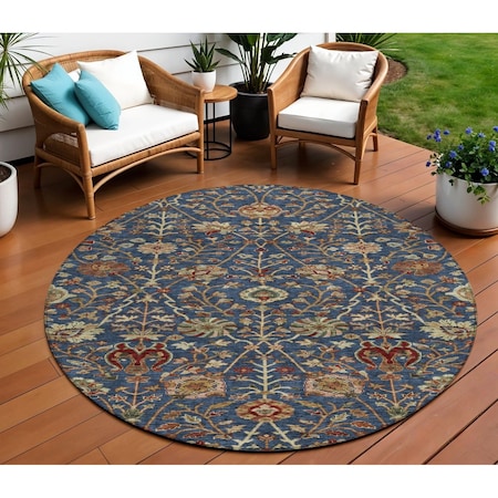 Homeroots 8' Navy Blue Brown And Red Round Floral Washable Indoor Outdoor Area Rug 603427