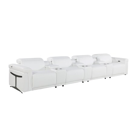 Homeroots 166" White Top Grain Leather Reclining Metal USB Sofa 720378